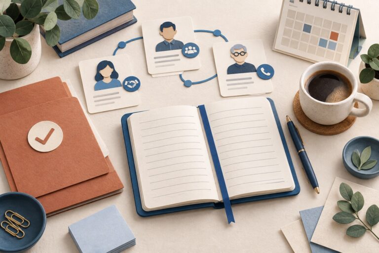 Consultancy desk illustration with connected client cards, a proposal folder, notebook and calendar.