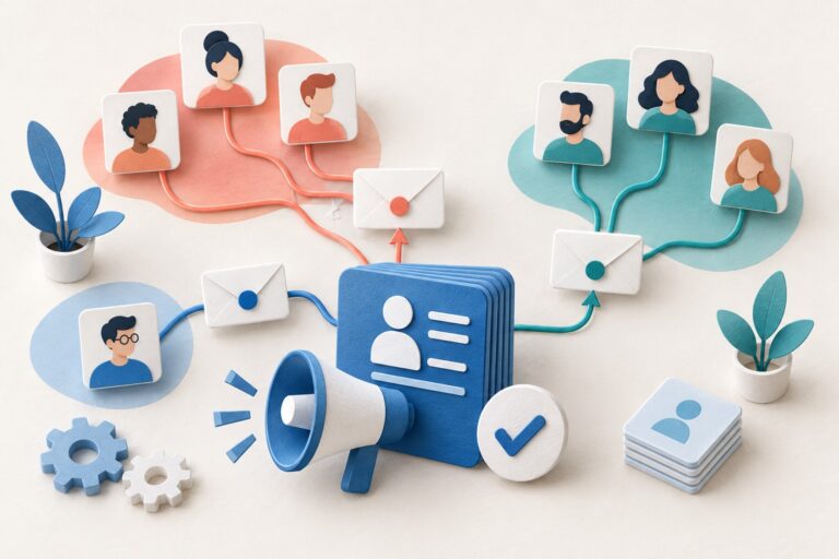 Editorial illustration of customer records connected to email campaigns and audience groups.