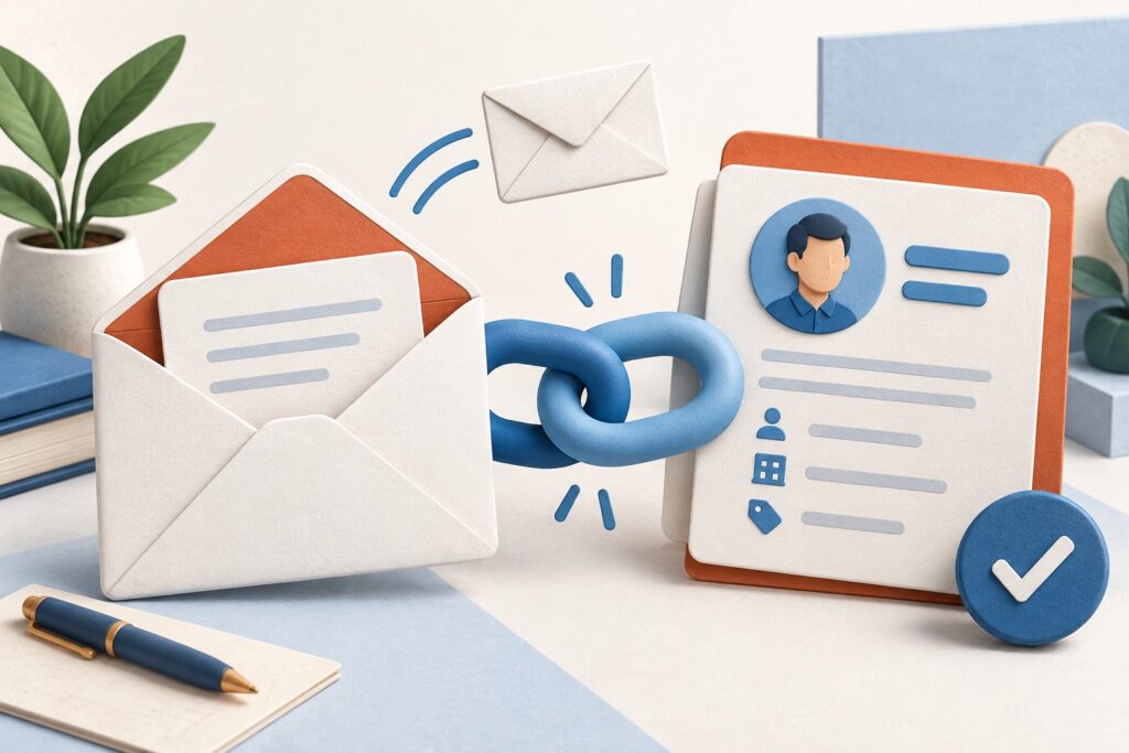 Editorial illustration of an email envelope linked to a customer record by blue chain links.