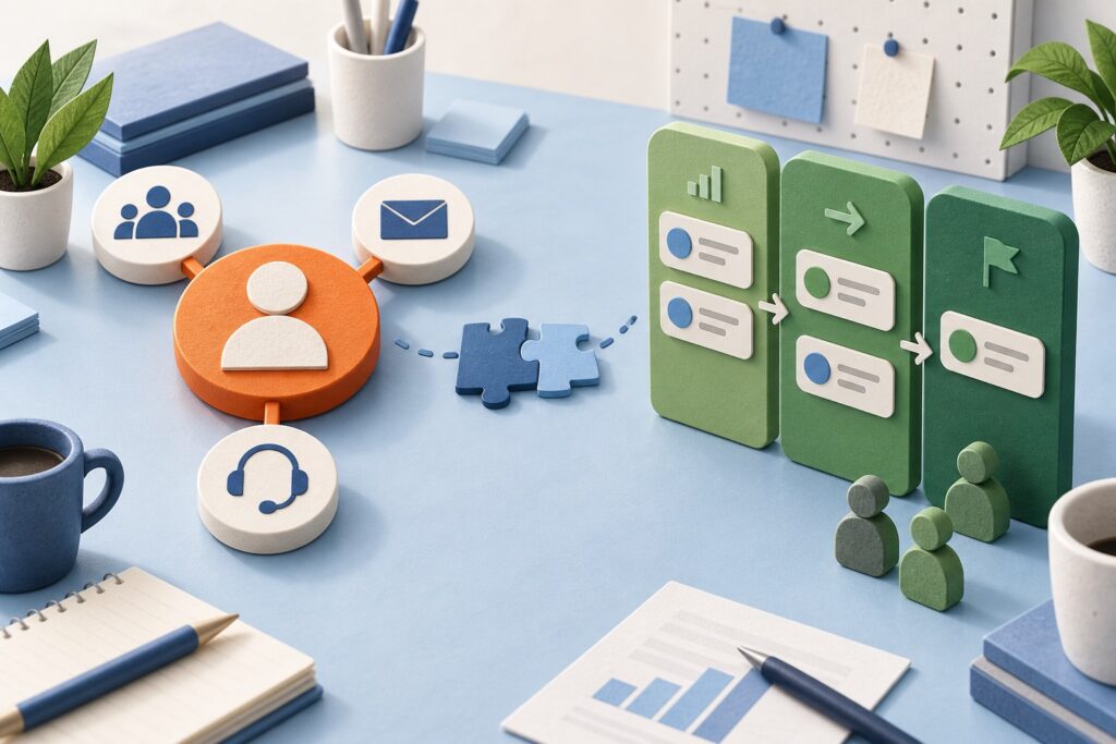 Editorial illustration of an orange customer hub beside a green sales pipeline.