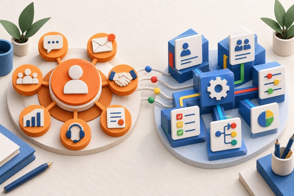Editorial illustration comparing an orange customer hub with a modular blue business system.