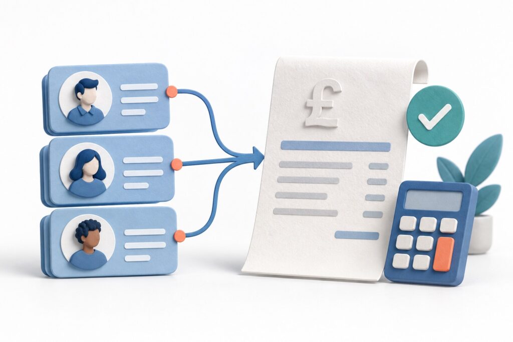 Customer records connected to an invoice and calculator