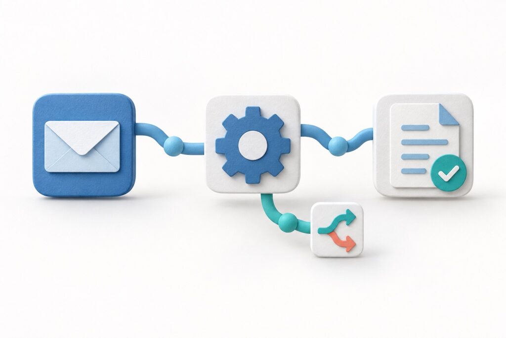 Connected workflow blocks with an envelope, cog and completed document
