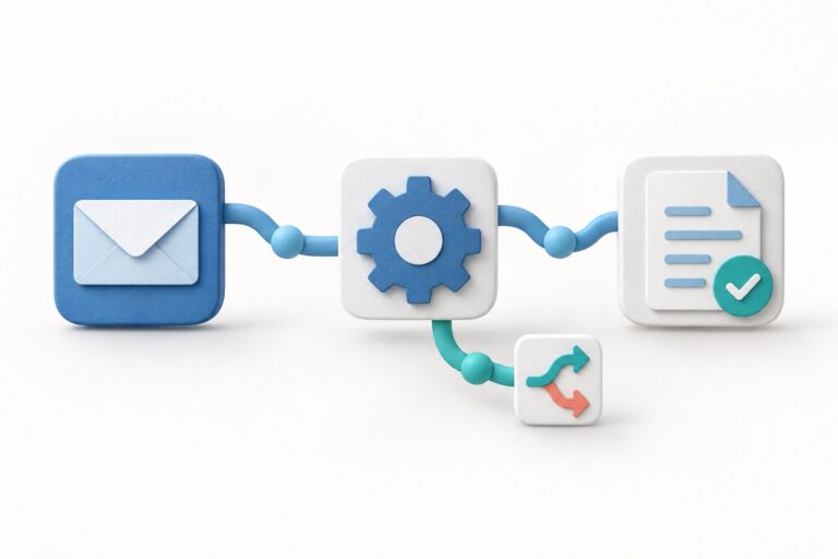 Connected workflow blocks with an envelope, cog and completed document